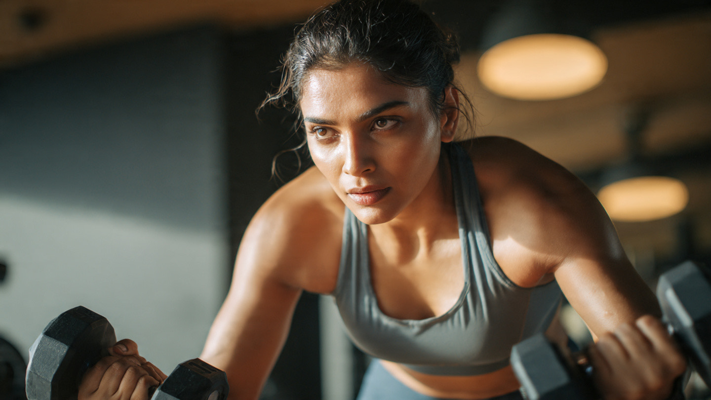 Indian woman doing focused dumbbell workout